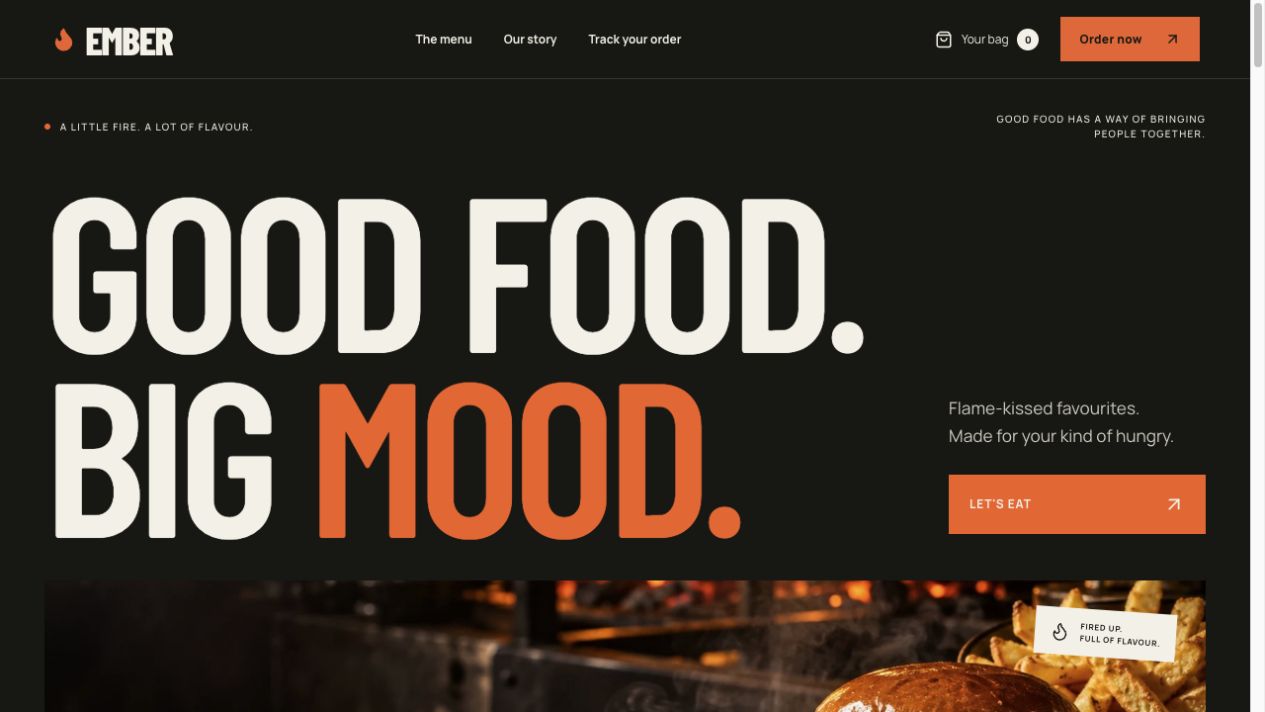 EMBER restaurant homepage with Good Food. Big Mood. and fire-grilled food imagery
