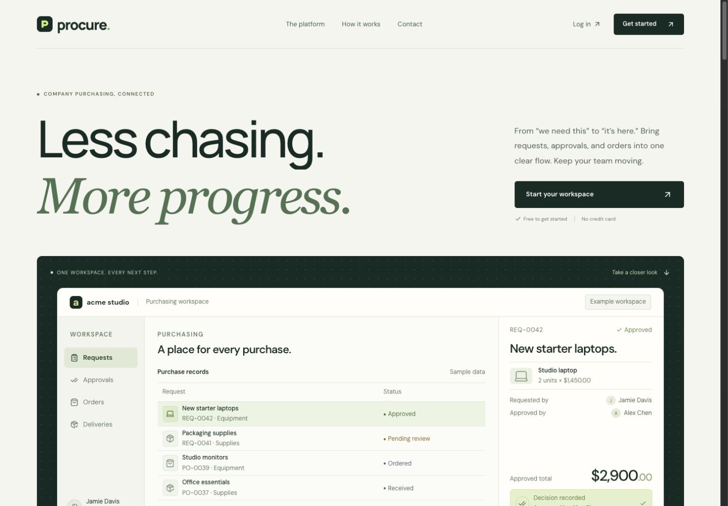 Procure homepage with Less chasing, More progress and a purchasing workspace preview