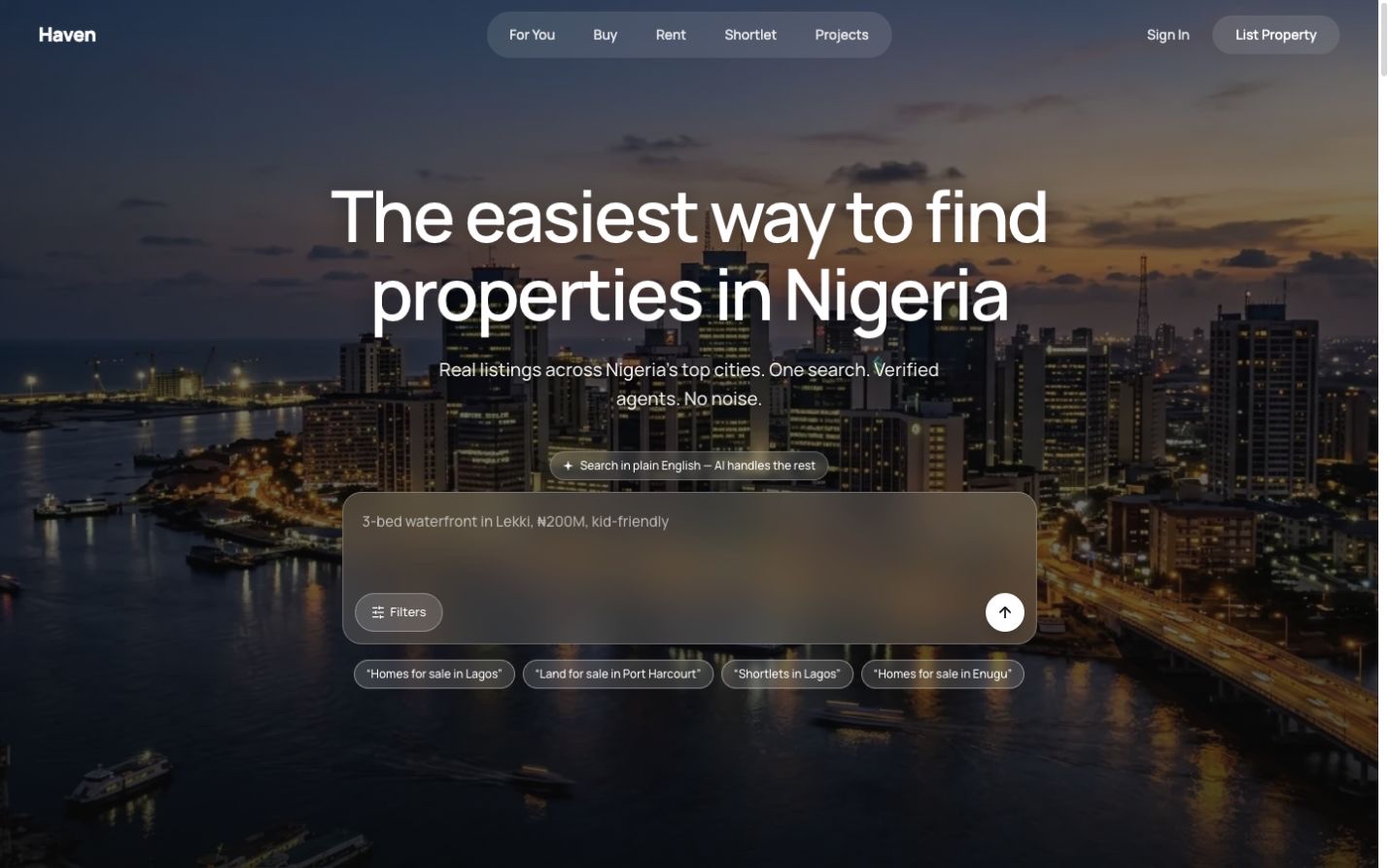 Properties Haven hero with a Nigerian property search over a waterfront skyline