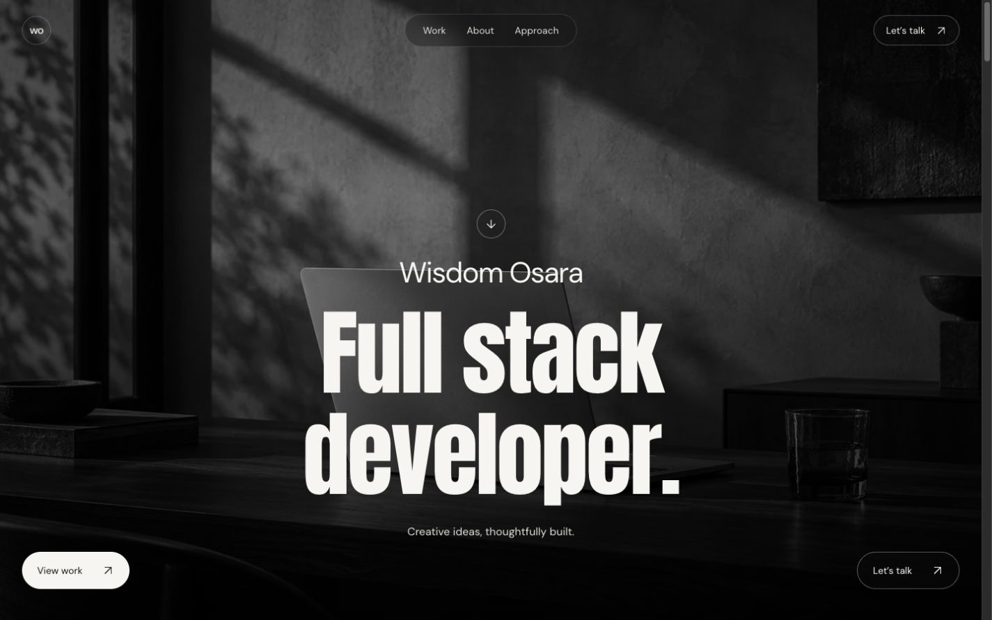 The new Wisdom Osara portfolio hero with his name and full stack developer headline